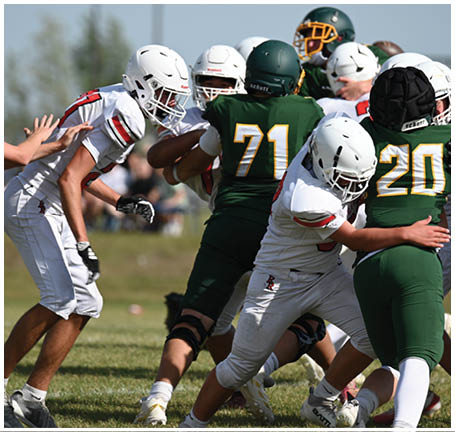 A football player running on the field. Description generated by AI