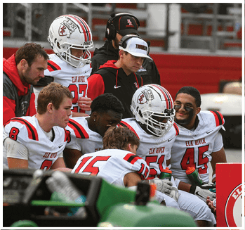 A group of football players celebrating a touchdown. Description generated by AI