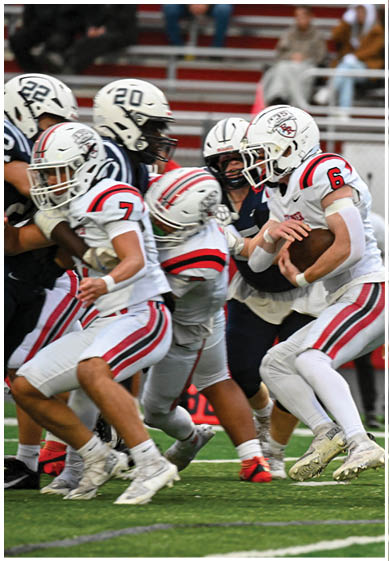 A football player wearing a blue and red jersey. Description generated by AI