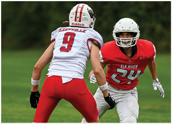 A football player running on the field. Description generated by AI
