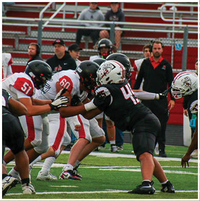 A football game is taking place with a group of men on the field. Description generated by AI