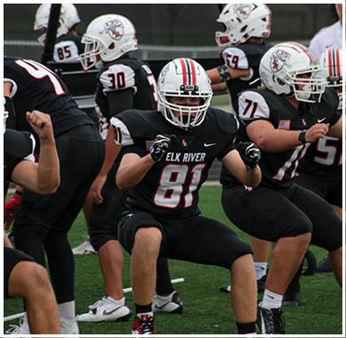 A football game is taking place with a group of men on the field. Description generated by AI