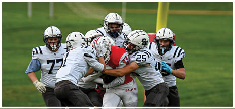 A football player running on the field. Description generated by AI