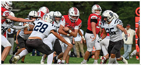 A football player running on the field. Description generated by AI