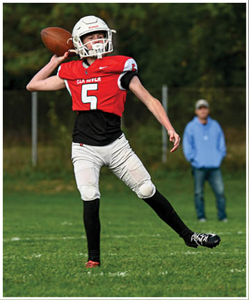 A football player running on the field. Description generated by AI