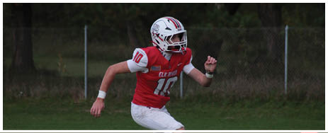A football player running on the field. Description generated by AI