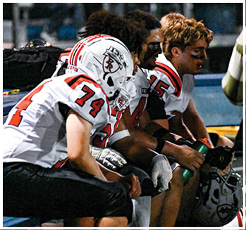 A group of football players celebrating a touchdown. Description generated by AI