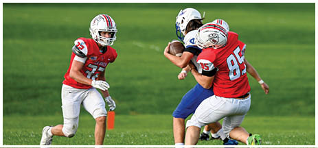 A football player running on the field. Description generated by AI