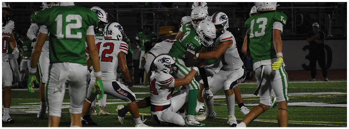 People wearing football uniforms are engaged in a play on a field with artificial turf under stadium lighting. Description generated by AI
