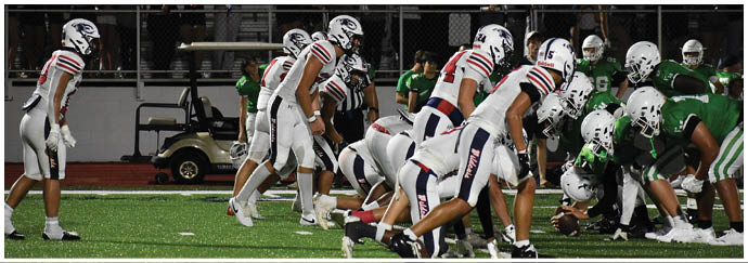 Two opposing American football teams in white and green uniforms are lined up facing each other on the field during a game with spectators in the stands behind them. Description generated by AI