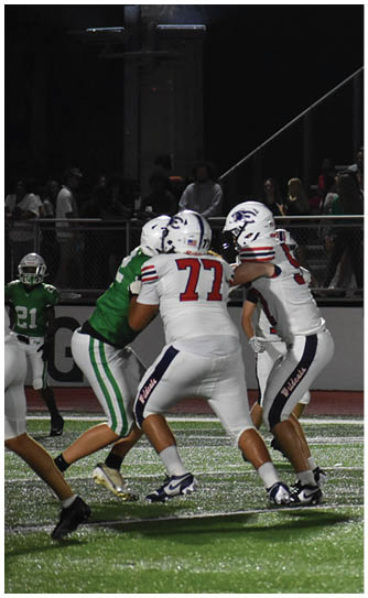 Two people in white football uniforms with helmets are engaged in a play on a football field with spectators in the background. Description generated by AI