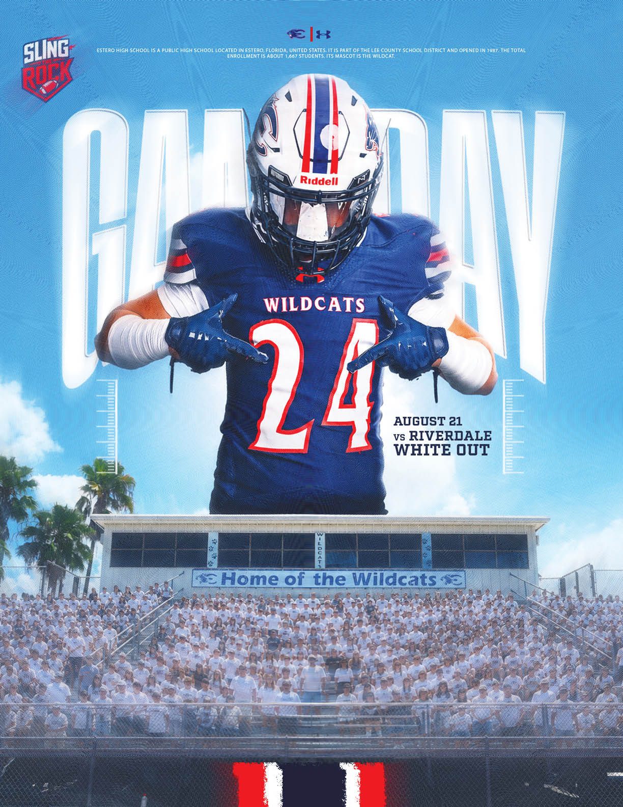 A person with long dreadlocks wearing a white football uniform is shown twice in a dynamic graphic with the text “It's Game Day" and the date August 14 at Fort Myers. Description generated by AI