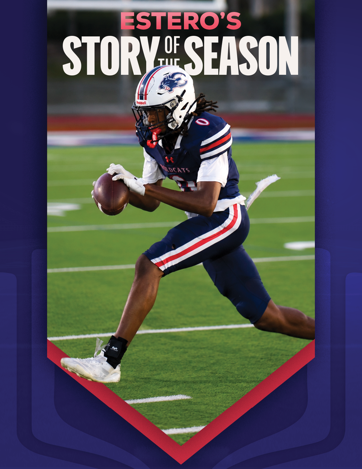 A person in a football uniform is running on a field while holding a football, with the text “Estero's Story of the Season" above them. Description generated by AI