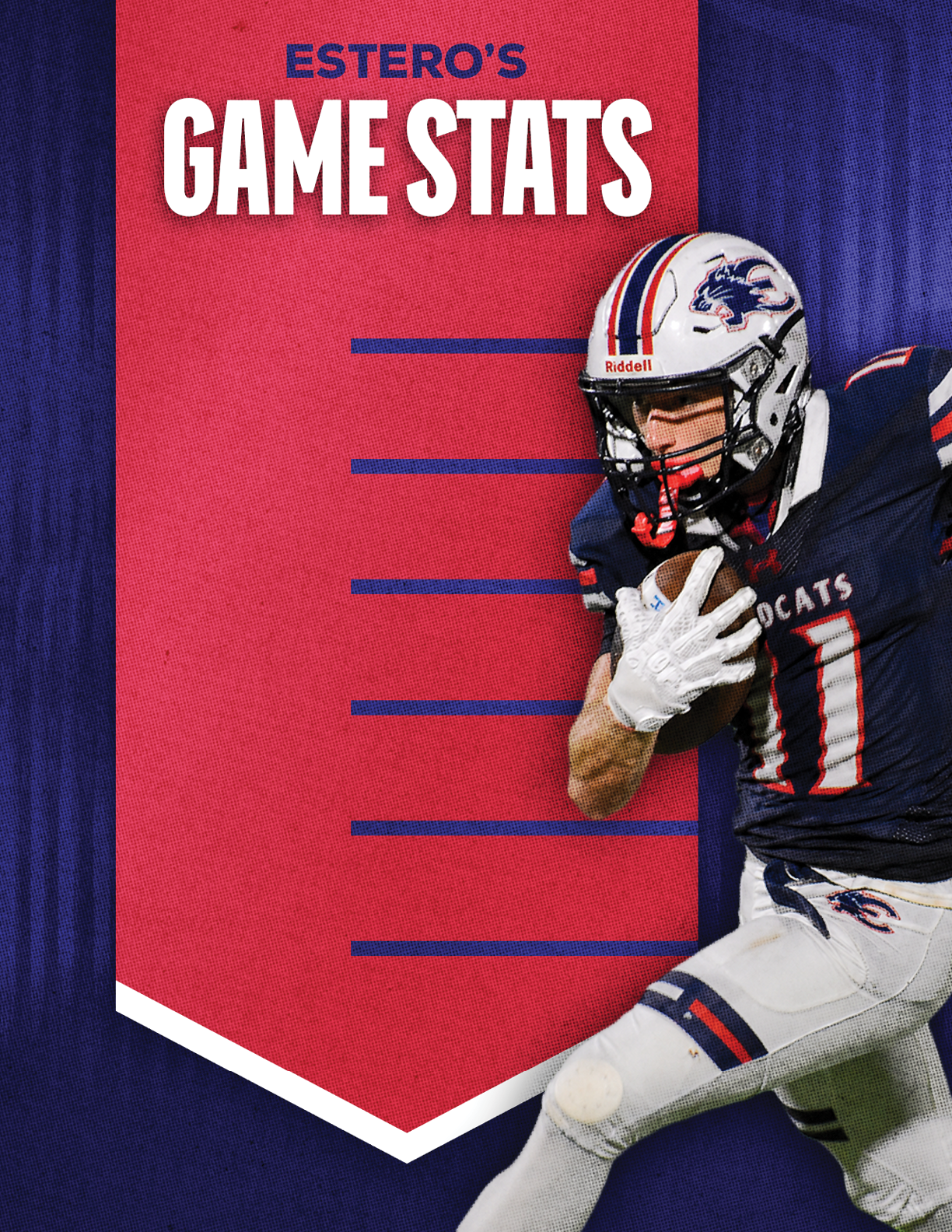 A person in a football uniform and helmet is holding a football and running next to a red and blue graphic banner titled Estero's Game Stats. Description generated by AI
