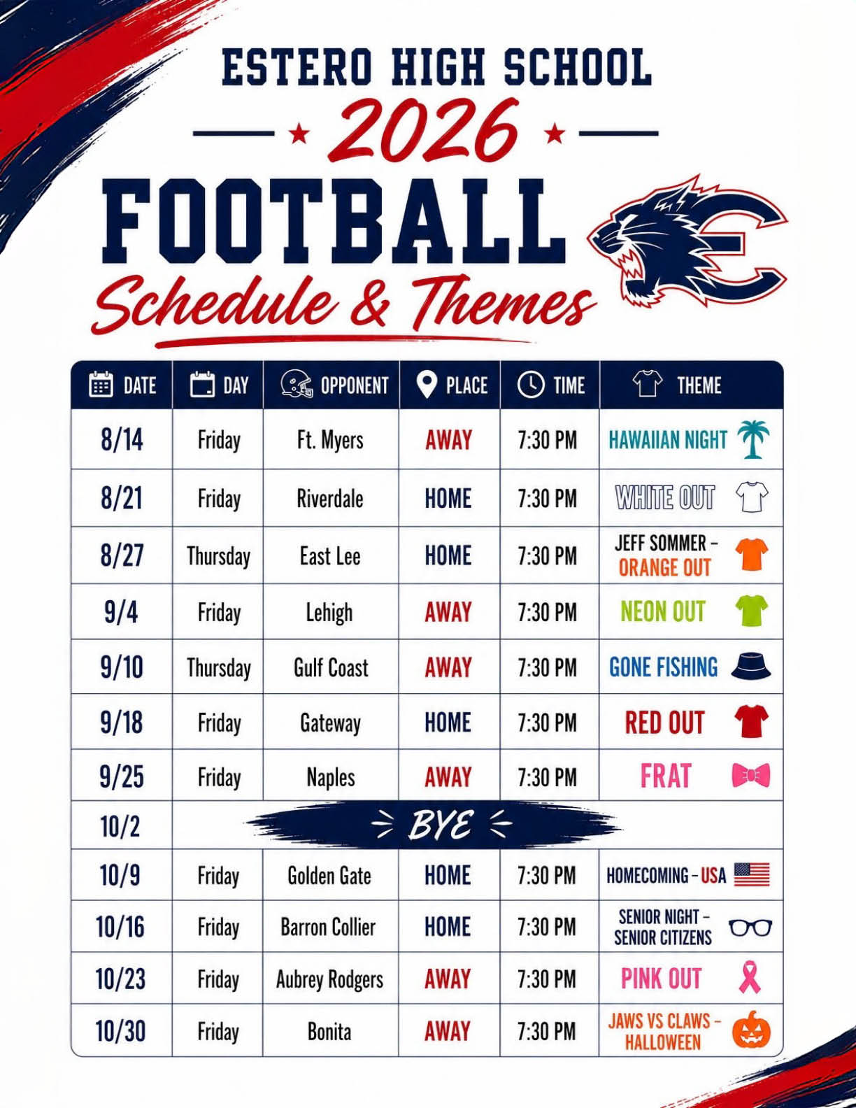 Estero High School 2026 football schedule and themes graphic with game dates, opponents, locations, times, and themed dress codes for each game. Description generated by AI