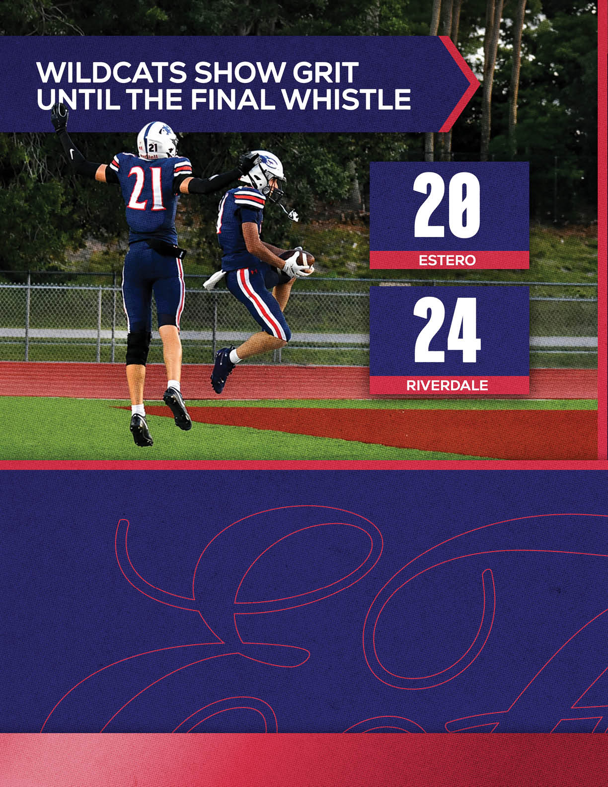 Two people in football uniforms celebrating on a field with text highlighting a Wildcats game score between Estero and Riverdale. Description generated by AI