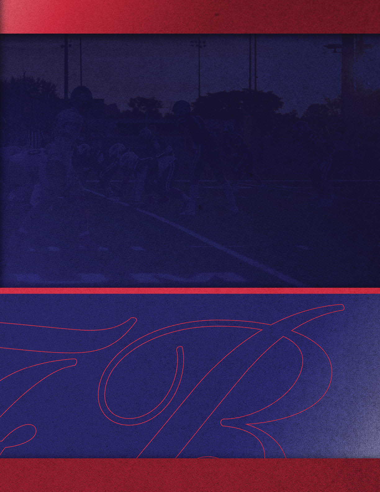 A group of people in athletic gear are lined up on a sports field at dusk, preparing for a race or sprint, with a large stylized letter B in red outlined on a blue background below the scene. Description generated by AI