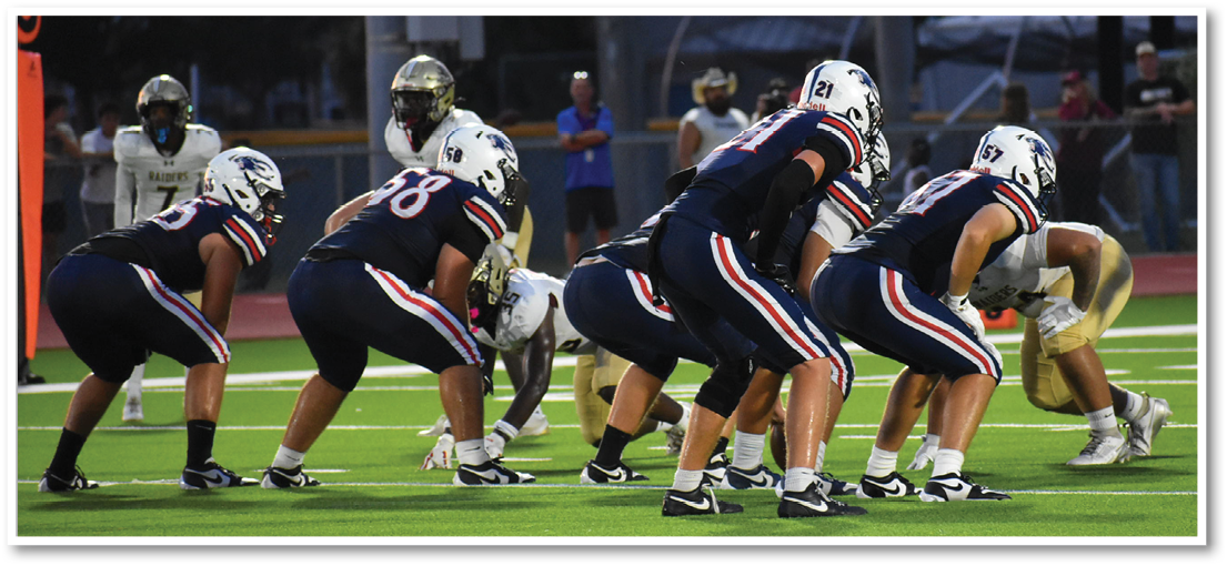 Players in dark and light football uniforms are lined up on a green field preparing for a play during a game at dusk. Description generated by AI