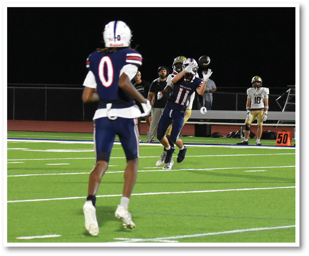 People in football uniforms are on a green field with white yard lines, with one person jumping and others running or standing nearby. Description generated by AI