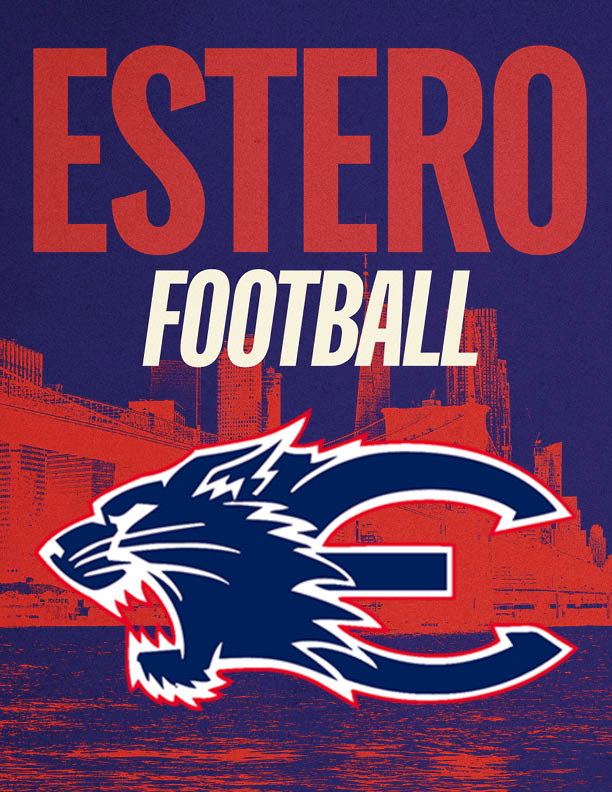 Bold red text reading ESTERO with white italicized text FOOTBALL below it overlays a red-toned graphic of a city skyline and bridge against a dark blue background. Description generated by AI