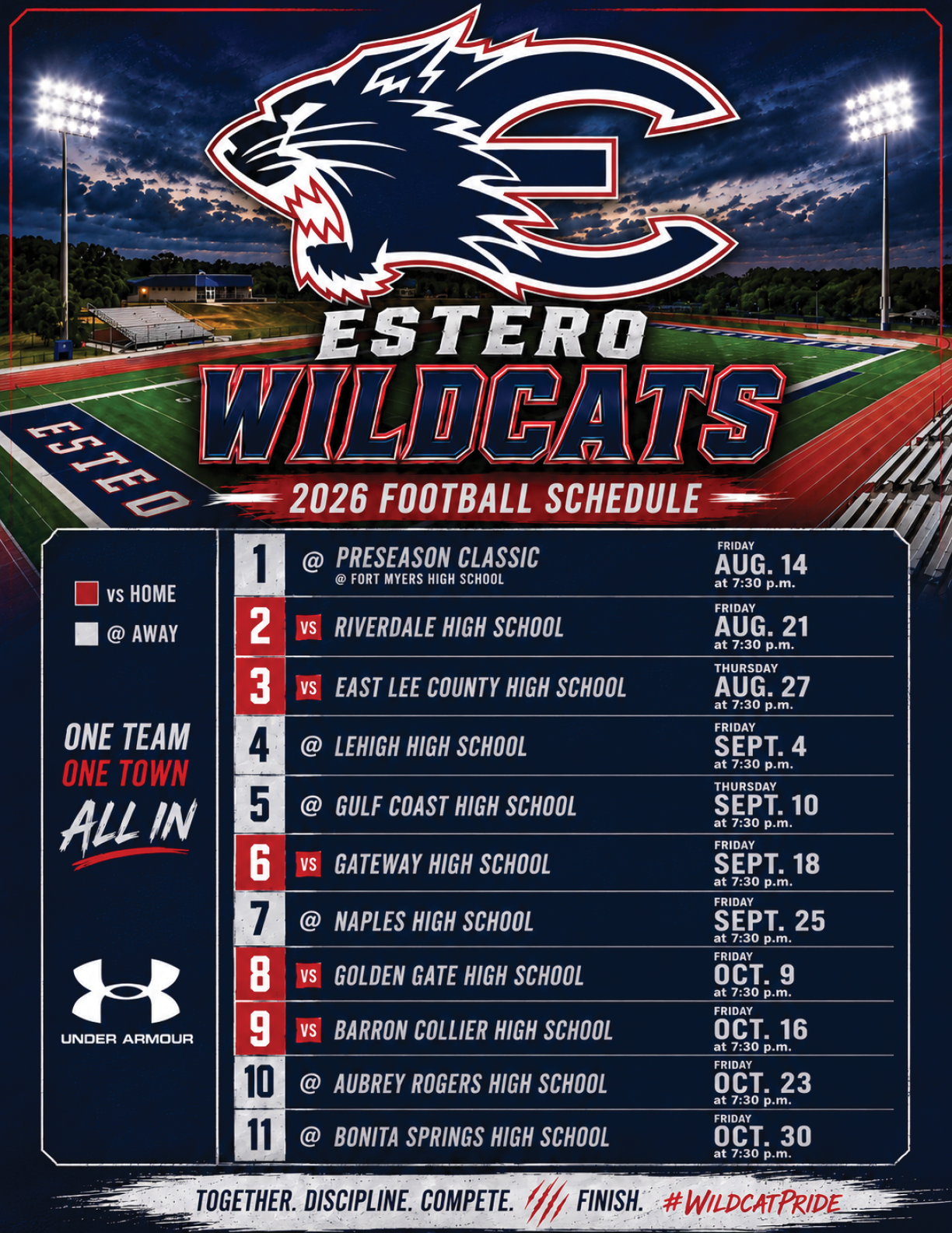 Estero Wildcats 2026 football schedule listing preseason and regular season games against various high schools. Description generated by AI