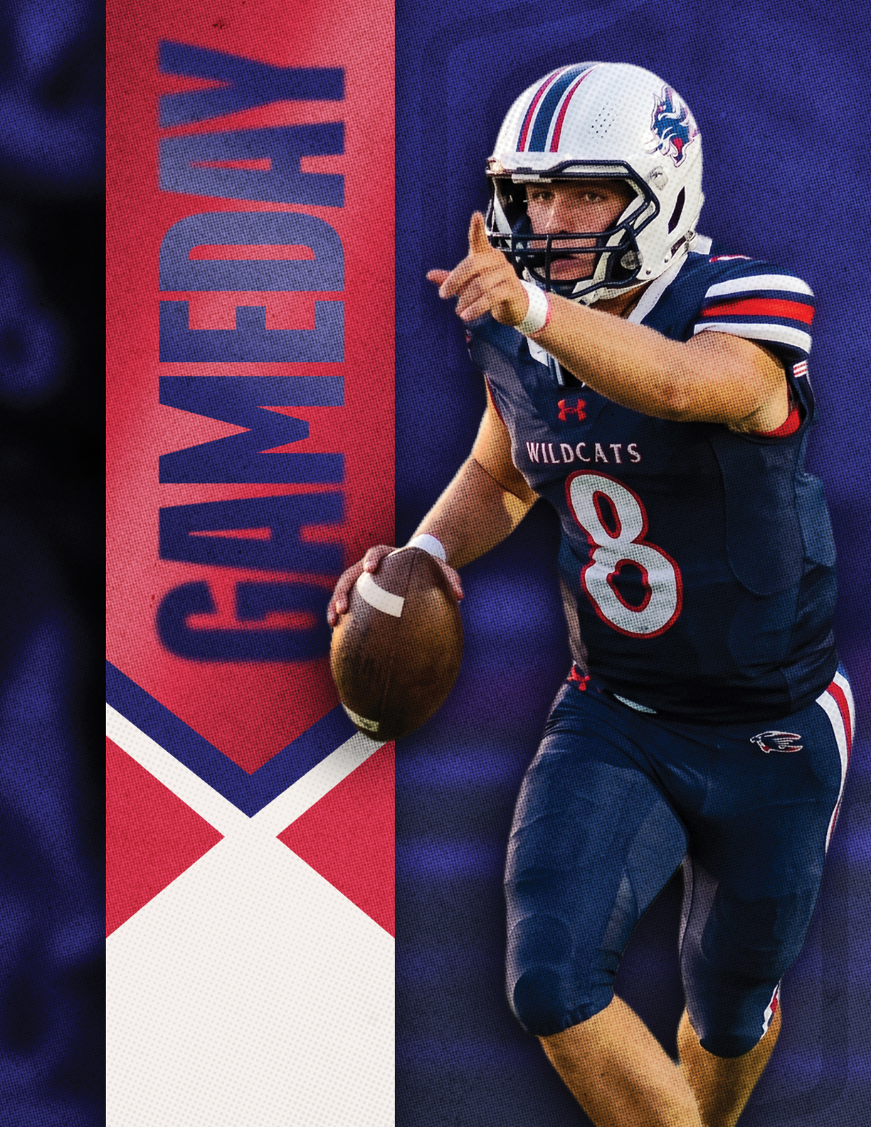 A person in a Wildcats football uniform is running with a football and pointing forward with a red and blue banner reading GAMEDAY in the background. Description generated by AI