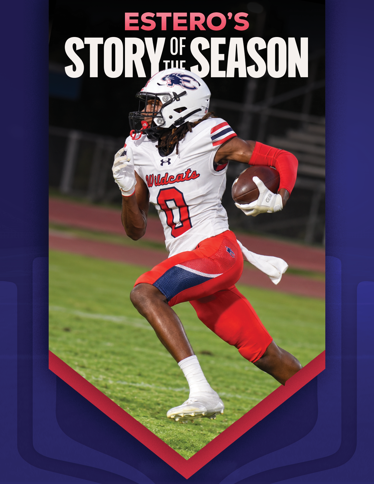A person wearing a white football uniform with red and blue accents is running on a grassy field while holding a football, with the text “Estero's Story of the Season" above. Description generated by AI
