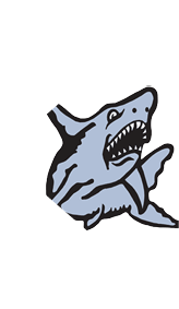 A cartoon-style shark with an open mouth showing sharp teeth and a fierce expression. Description generated by AI
