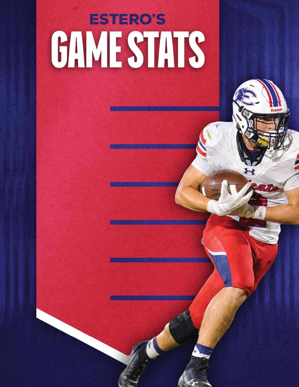 A person in a football uniform is running with the ball next to a red and blue graphic titled Estero's Game Stats with empty lines for statistics. Description generated by AI