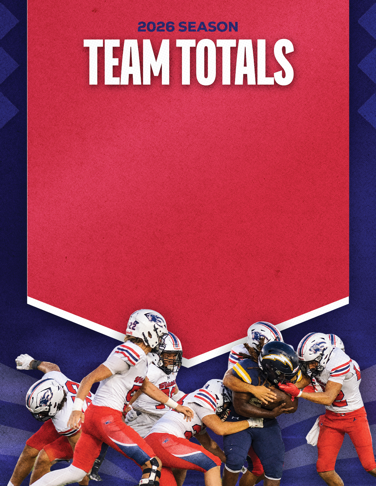 A group of people in football uniforms are engaged in a tackle on a field with a red banner above them that reads 2026 season team totals. Description generated by AI