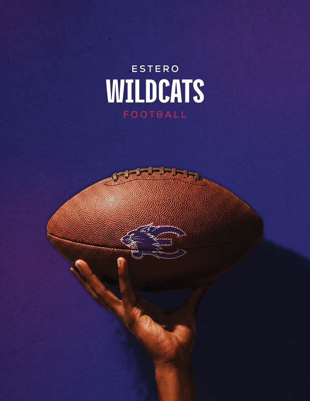 A hand is holding a football with a wildcat logo against a dark purple background with the text “Estero Wildcats Football" above. Description generated by AI