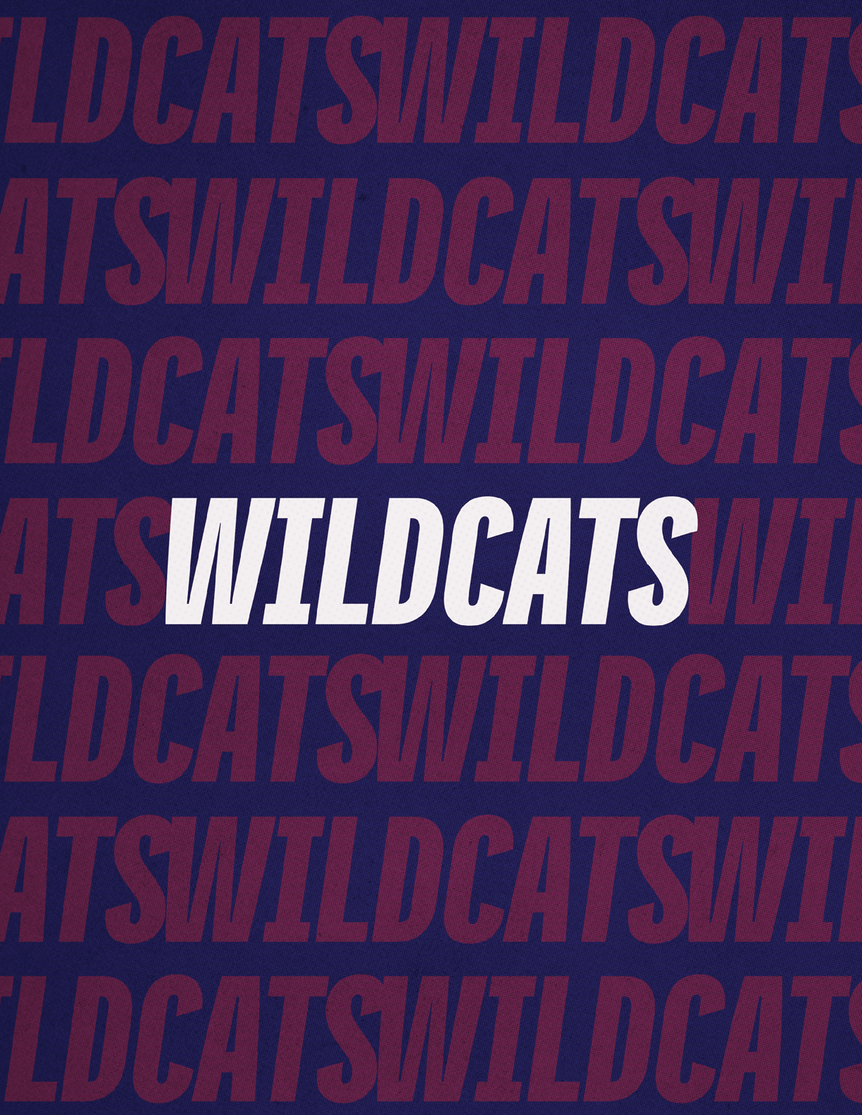 The word “WILDCATS" is prominently displayed in bold white letters against a dark blue background with a repeated pattern of the word "WILDCATS" in a faded red color. Description generated by AI