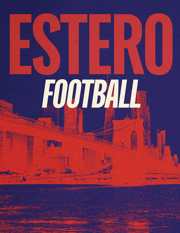 Bold red text reading ESTERO with white italicized text FOOTBALL below it overlays a red-toned graphic of a city skyline and bridge against a dark blue background. Description generated by AI