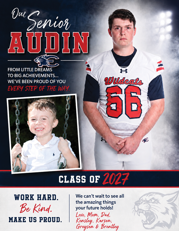 A senior athlete in a Wildcats football uniform stands next to a childhood photo of the same person on a swing, with congratulatory and motivational text celebrating the class of 2027. Description generated by AI