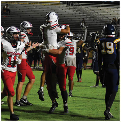 People wearing football uniforms are celebrating on a grassy field, with two of them hugging and others nearby. Description generated by AI