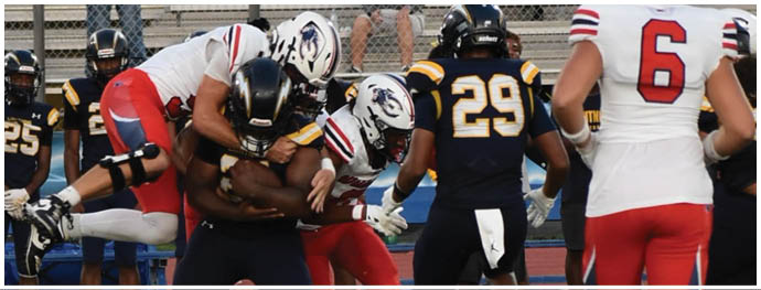People in football uniforms are engaged in a play on the field with spectators sitting in bleachers in the background. Description generated by AI