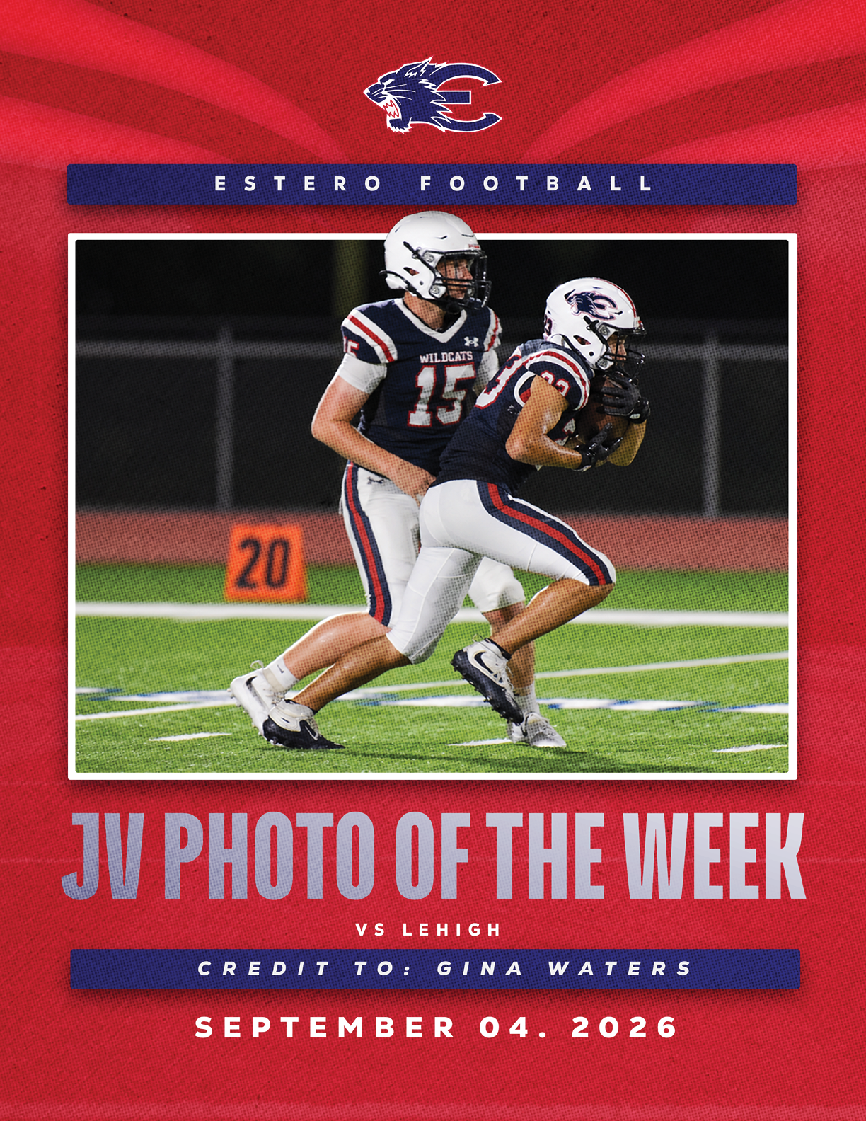 Two people in football uniforms are on a field with one running while holding a football and the other standing behind, with text highlighting a junior varsity photo of the week for Estero Football against Lehigh. Description generated by AI