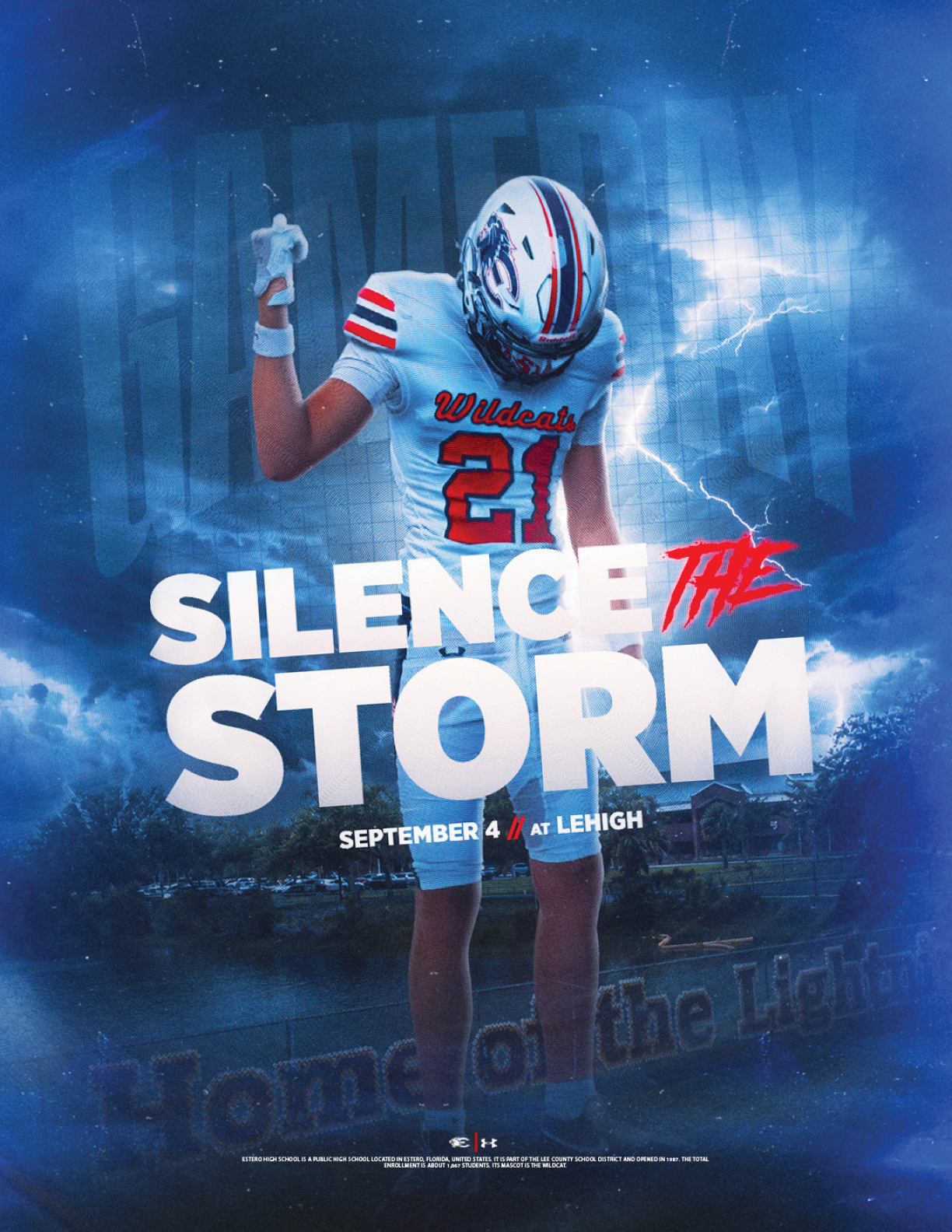 A person in a football uniform with the number 21 stands with one arm raised against a stormy blue background with text promoting a game titled “Silence the Storm" on September 4 at Lehigh. Description generated by AI