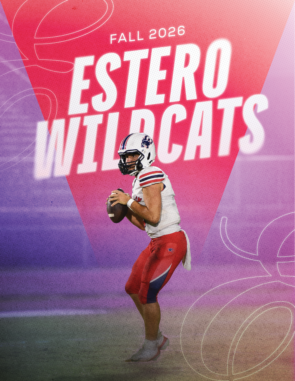 A person in a football uniform is holding a football in a ready-to-throw position with a colorful background displaying the text Fall 2026 Estero Wildcats. Description generated by AI