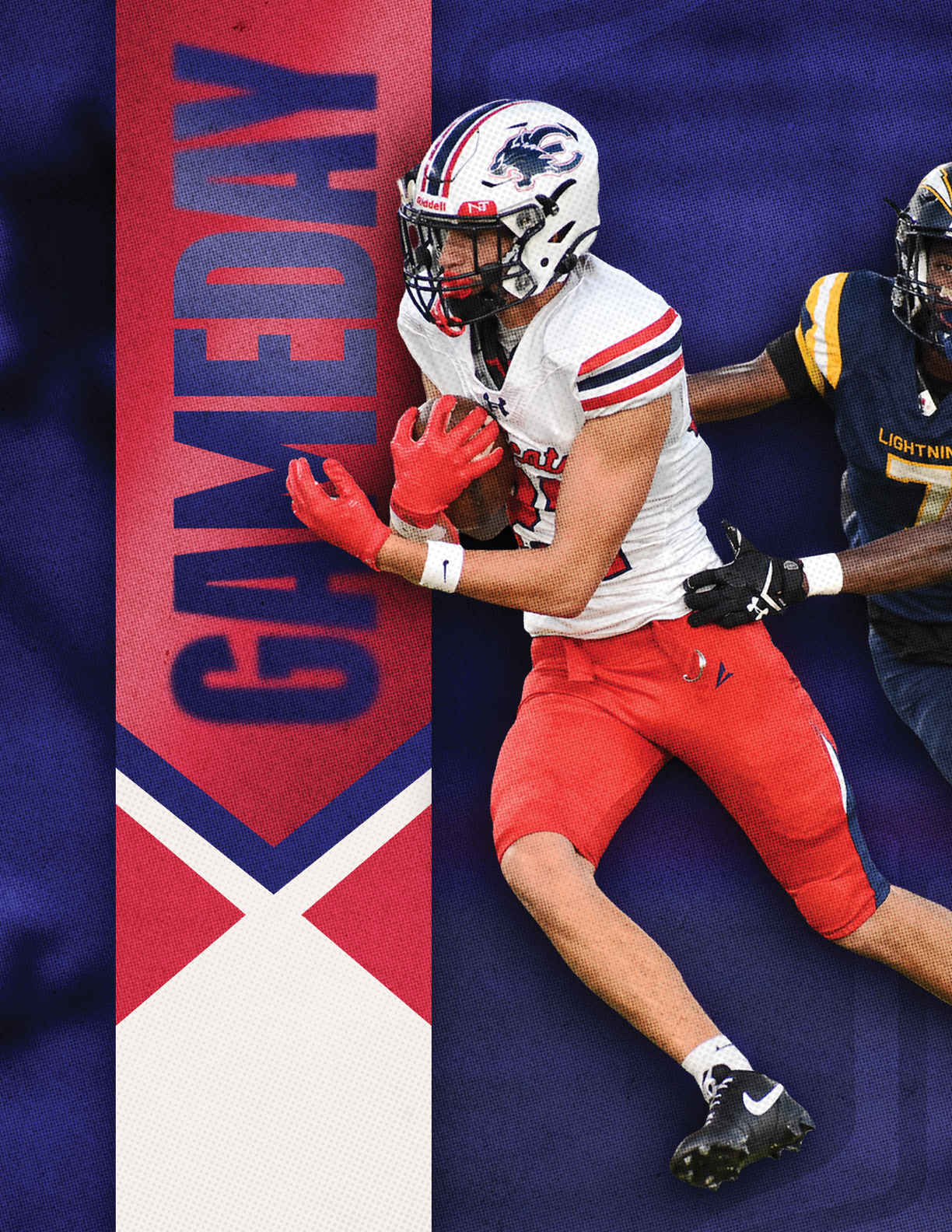 A person in a white and red football uniform is running with the ball while another person in a dark uniform attempts to tackle them against a background with the word “GAMEDAY." Description generated by AI