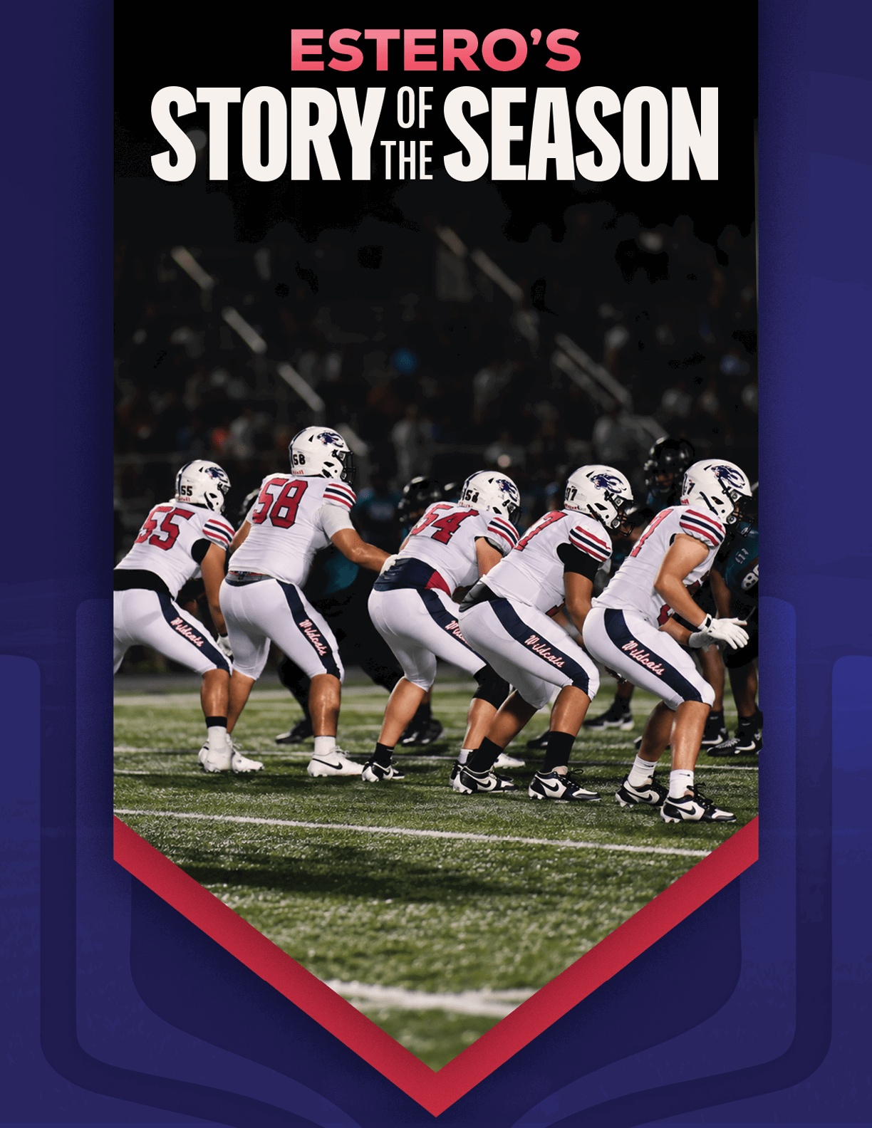 A group of football players in white uniforms are lined up on a field preparing for a play under the headline “Estero's Story of the Season." Description generated by AI