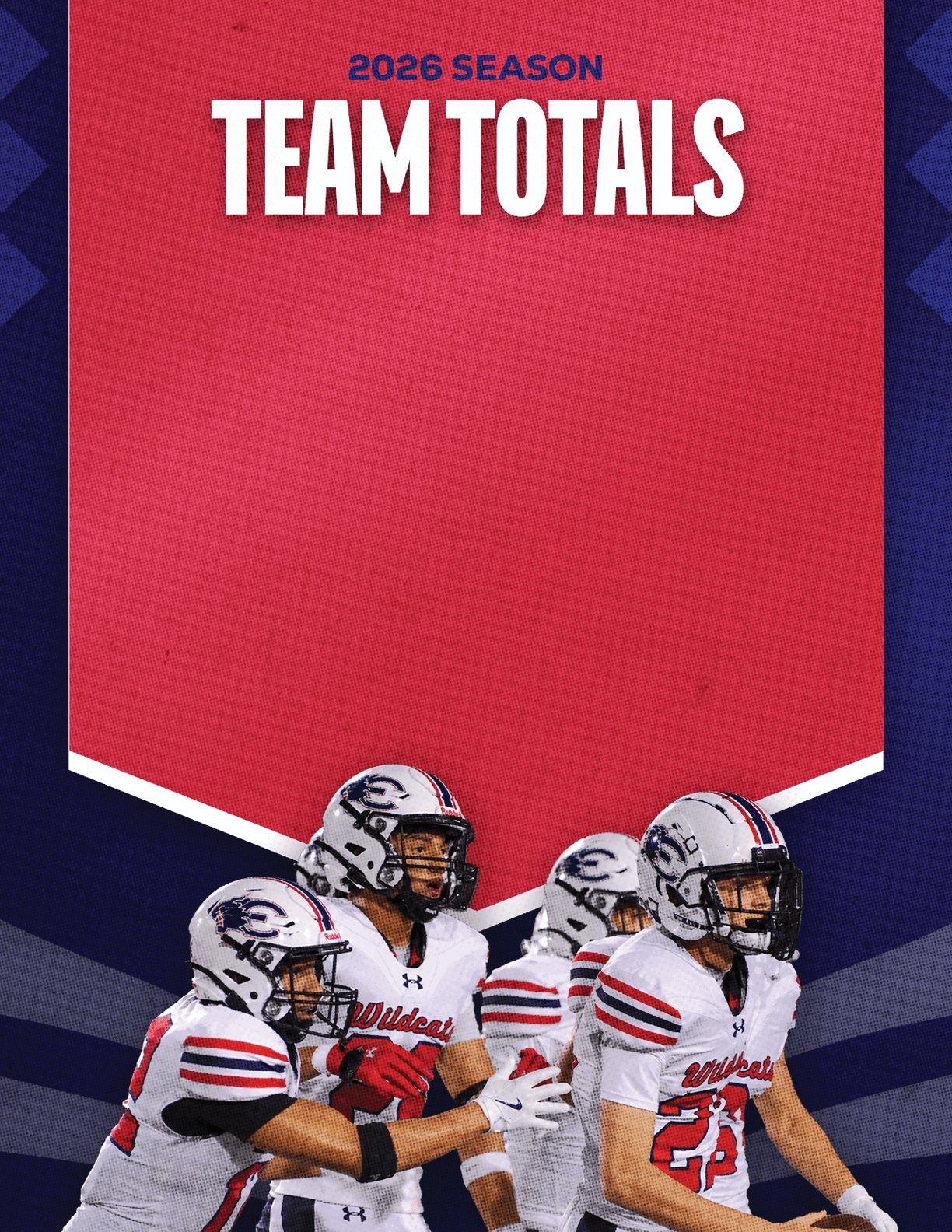 A group of people in football uniforms are engaged in a tackle on a field with a red banner above them that reads 2026 season team totals. Description generated by AI