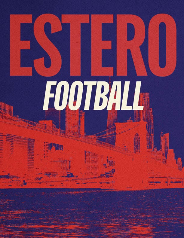 Bold red text reading ESTERO with white italicized text FOOTBALL below it overlays a red-toned graphic of a city skyline and bridge against a dark blue background. Description generated by AI