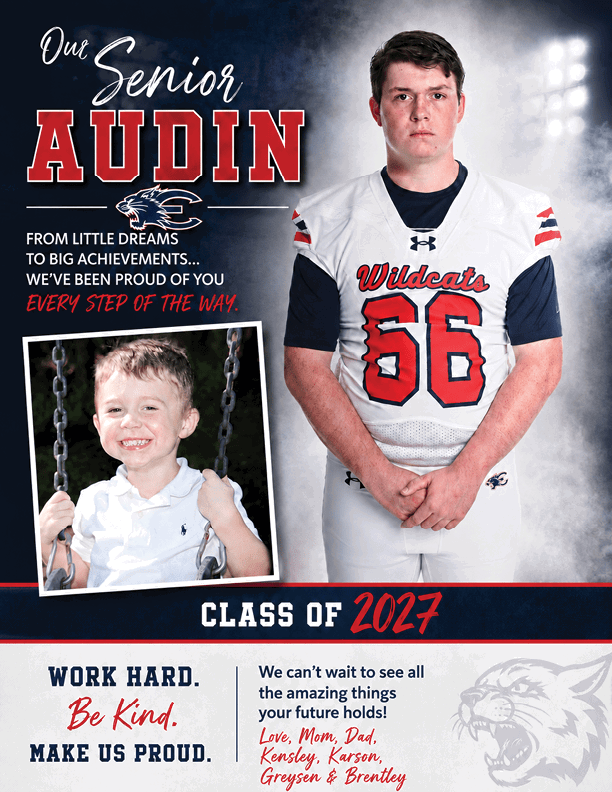 A senior athlete in a Wildcats football uniform stands next to a childhood photo of the same person on a swing, with congratulatory and motivational text celebrating the class of 2027. Description generated by AI