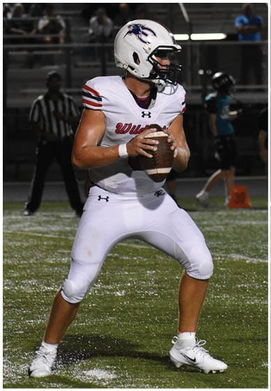 A person in a white football uniform and helmet is holding a football in a ready-to-throw position on a grassy field during a game. Description generated by AI