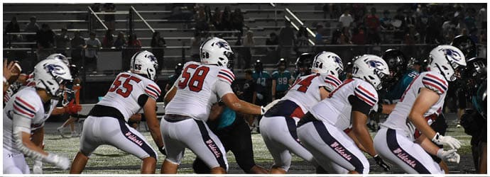A group of people in white football uniforms with helmets are lined up on a field preparing for a play against opponents in dark uniforms during a nighttime game. Description generated by AI