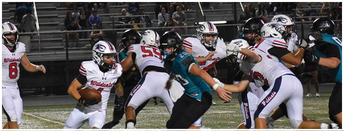 People in football uniforms are actively engaged in a game on a field with one person running with the ball while others block and tackle. Description generated by AI