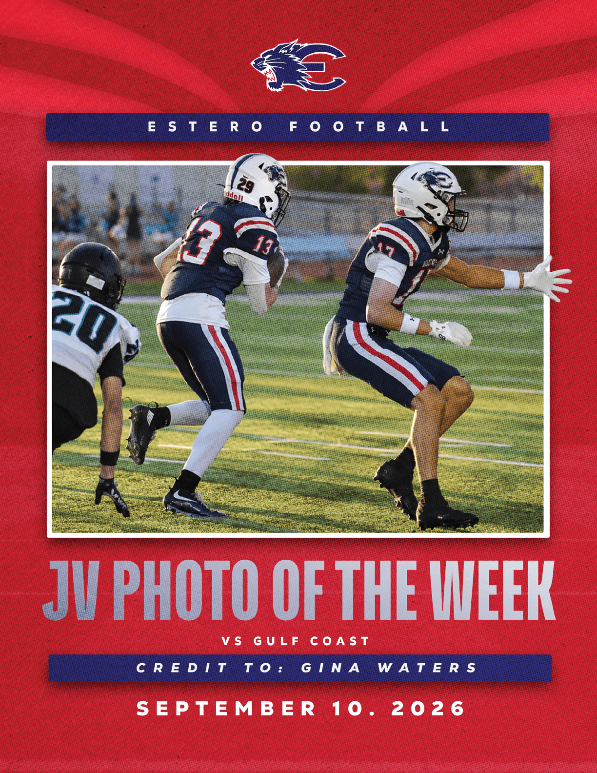 Three football players in action on a field with two wearing dark uniforms and helmets running while one in a light uniform appears to be defending, framed by red graphic design with text highlighting JV Photo of the Week for Estero Football. Description generated by AI