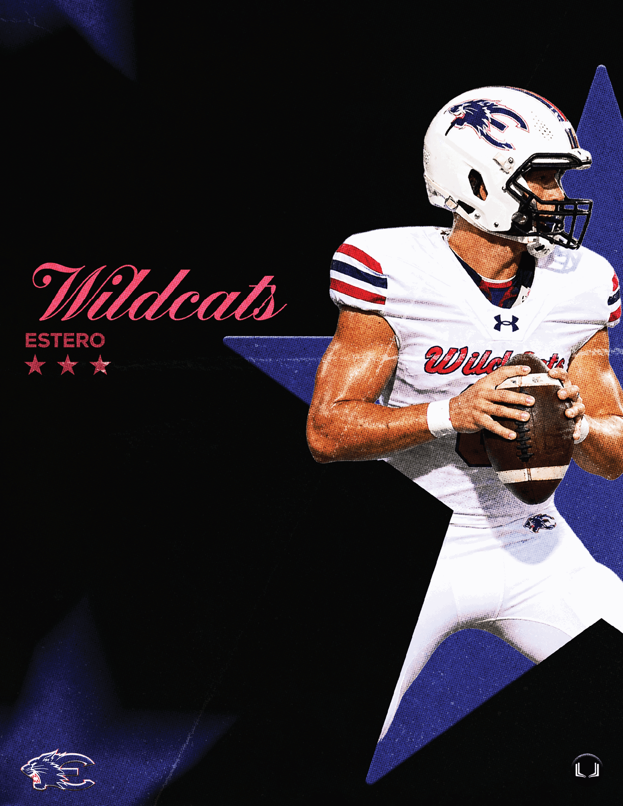 A person in a white football uniform with red and blue accents is holding a football in a ready-to-throw position against a dark background with the word Wildcats and Estero in red text. Description generated by AI