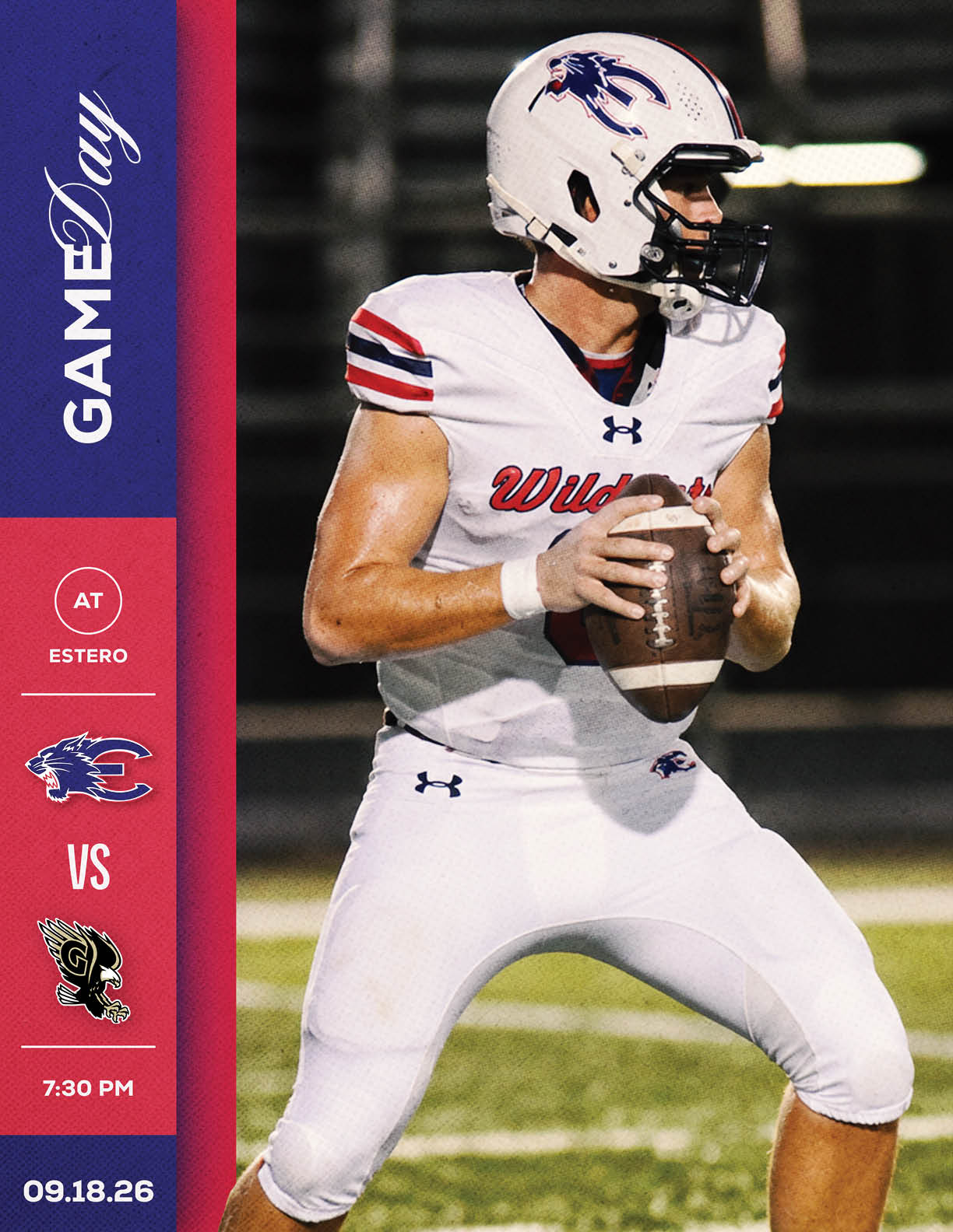 A person in a white football uniform with a tiger logo on the helmet is running with the ball on a field while other players in white and blue uniforms are in the background, alongside a graphic showing a game day matchup between Snyder and another team. Description generated by AI